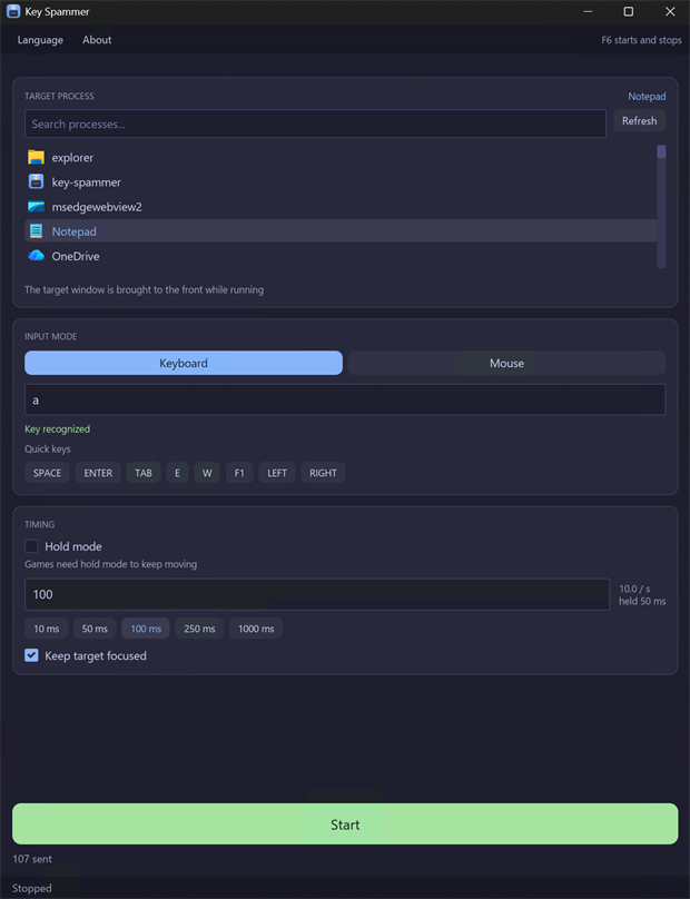 The Key Spammer window, showing a searchable list of running applications with their icons, a key field set to W, an interval of 100 milliseconds, and a Start button.